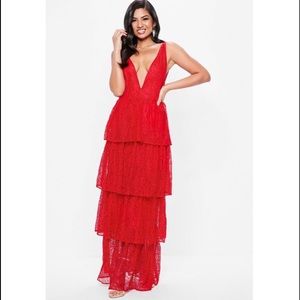 *NEW* Missguided Red Lace Tiered Maxi Dress Sz 6